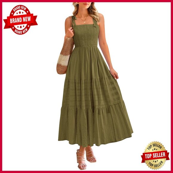 Dresses & Skirts - Boho Maxi Dress Sleeveless Smocked A-Line Sundress with Pockets Summer Casual